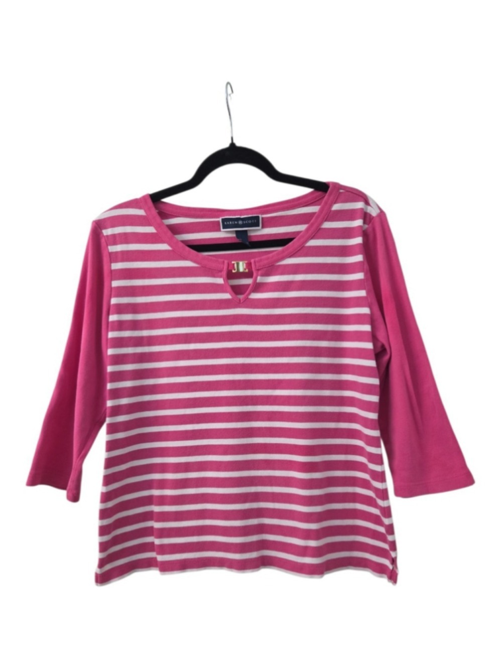 Karen Scott Women's Pink White Striped 3/4 Sleeve Keyhole Top Large